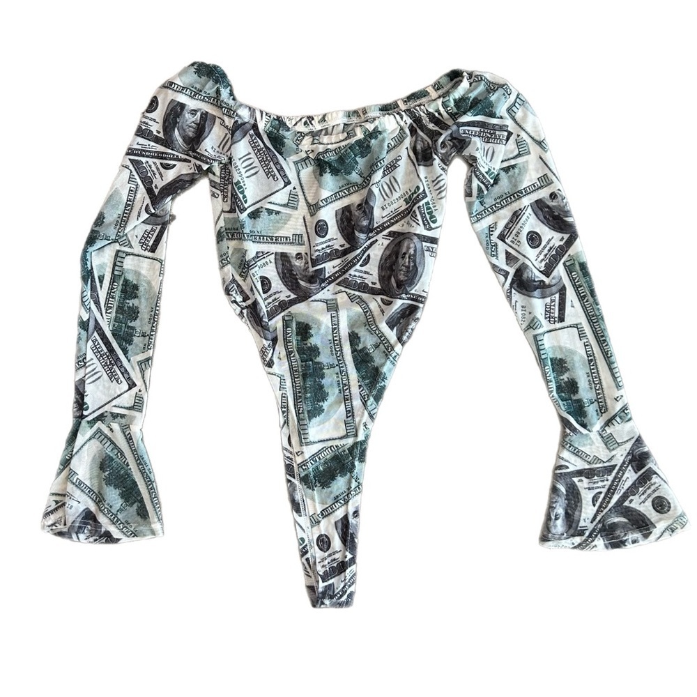 Off-Shoulder Money Print Bodysuit in Green and Black